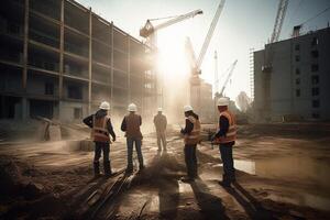 grupo de constructores trabajando a construcción sitio por tomando imágenes desde el espalda con generativo ai foto