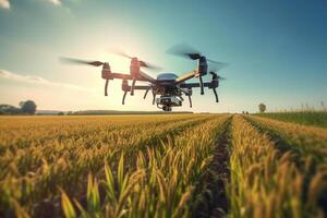 zumbido pulverización cultivos en agrícola ajuste con azul cielo con generativo ai foto