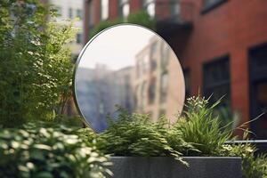 a blank white round metal sign mock up in modern urban with photo