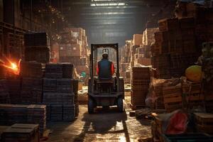 worker on forklift in the style of cluttered with photo