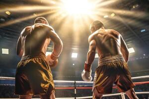 boxeadores lucha como ligero brillante alrededor ellos con generativo ai foto