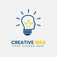 Creative idea logo with head and bulb. Thinker design concept vector