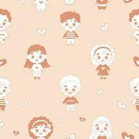 Cute seamless pattern with kids. Funny smiling boys and girls on light background with hearts. Vector illustration. Childrens collection for design, decor, textile, wallpaper, packaging.