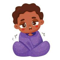 Suffering sick black ethnic boy wrapped in blanket. Vector illustration in cartoon style. Sad child character.