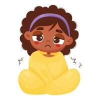 Suffering sick ethnic girl wrapped in blanket shivering. Vector illustration in cartoon style. Sad black child girl character.