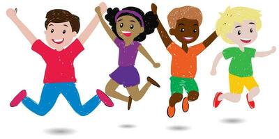 contento y activo niños saltando con alegría. vibrante vector ilustración de energético Niños y muchachas demostración dinámica poses y expresivo gestos
