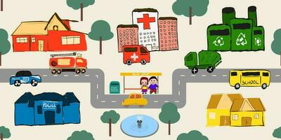 Colorful Hand Drawn City Road Doodles. Seamless Car traffic elements Illustrations and Vector Patterns for Kids Transportation Art and Design