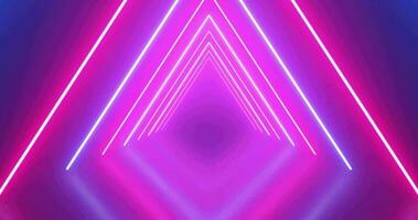 Neon glowing triangle tunnel with blue light lines moving fast. Background futuristic corridor with neon lights. Seamless loop 3d render, , Modern neon light video