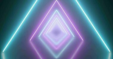 Neon glowing triangle tunnel with blue light lines moving fast. Background futuristic corridor with neon lights. Seamless loop 3d render, , Modern neon light video