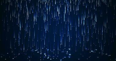 Abstract rain of particles, luminous drops fall on the floor, animation of falling neon rain on blue background, moving glowing line, 4k video, motion 3D video