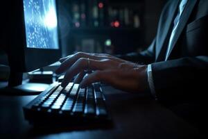 the hands of Businessman pressing on computer screen with photo