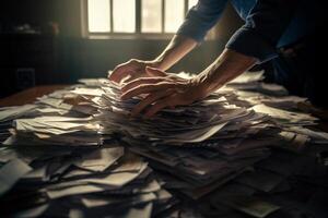 the hands of an office worker working with stacks of documents with photo