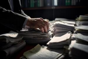 the hands of an office worker working with stacks of documents with photo