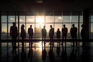 silhouette business people working at bright office with photo