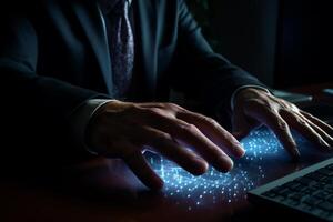 the hands of Businessman pressing on computer screen with photo