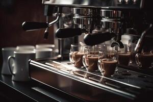 espresso machine dispenses coffee into cups on stainless steel espressor with photo