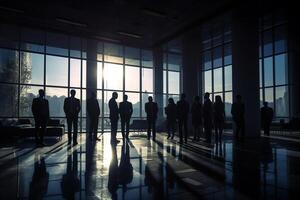 silhouette business people working at bright office with photo