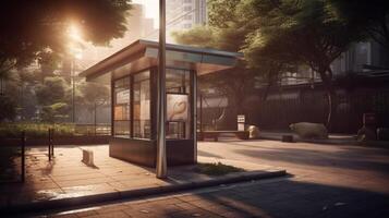 outdoor or exterior bus stop at city with photo