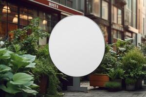 a blank white round metal sign mock up in modern urban with photo