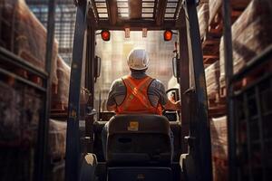 worker on forklift in the style of cluttered with photo