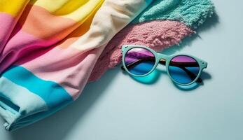 Beach towel and sunglasses in summer concept with photo