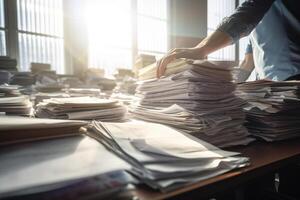 the hands of an office worker working with stacks of documents with photo