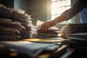 the hands of an office worker working with stacks of documents with photo