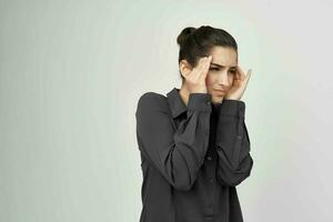 woman migraine stress negative light background photo