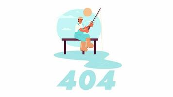 Mañana pescar 404 error animación. animado pescador con hilado. vacío estado 4k vídeo concepto imágenes con alfa canal transparencia. vistoso página no encontró destello mensaje para ui, ux web diseño video