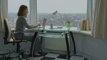 businesswoman works in apartment video