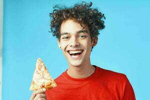 guy with curly hair bird in hands fast food delivery photo