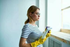 woman home cleaning hygiene detergent interior service photo