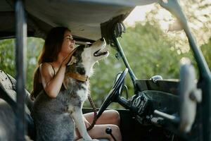 A beautiful young woman sits behind the wheel of her car together with a husky breed dog and smiles cheerfully enjoys the journey photo