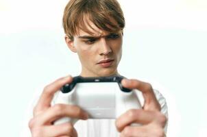 guy with joystick in hand video games entertainment light background photo