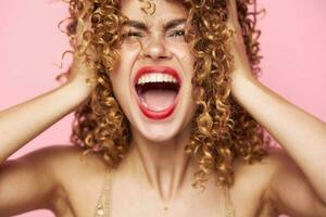 Attractive woman Closed eyes stress irritability emotions curly hair background photo