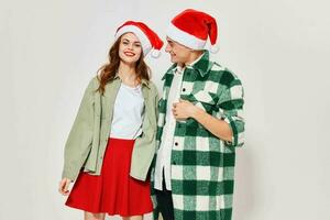 Cheerful man and woman Christmas holiday gifts friendship winter photo