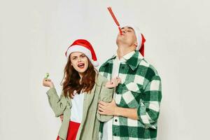 Cheerful man and woman holiday relationship friendship gifts fashion photo