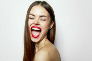Woman portrait charming Wide open mouth, closed eyes, bare shoulders look photo