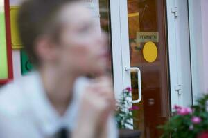 short haired woman outdoors rest fun walking around town communication photo