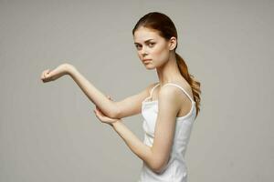 woman elbow pain arthritis chronic disease isolated background photo