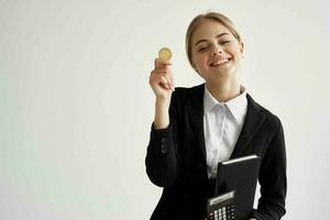 cheerful woman Bitcoin cryptocurrency in hands isolated background photo