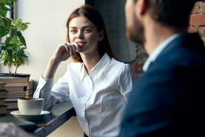 business man and woman communication fun breakfast recreation professional photo