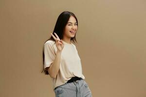 young woman in a beige T-shirt posing clothing fashion Lifestyle photo