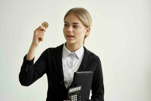 cheerful woman Bitcoin cryptocurrency in hands technologies photo