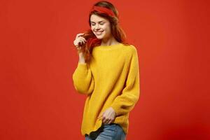 cheerful pretty woman in yellow sweater moda studio decoration retro photo