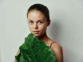 cosmetología joven mujer con verde palma hoja foto