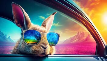 Cool bunny sunglasses looking with colorful summer background. photo