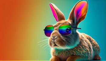 Cool bunny sunglasses looking with colorful summer background. photo