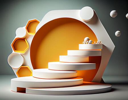 Abstract 3d podium for product presentation with geometric shapes, Empty round podium,Platforms for product presentation with shadows and light background. photo