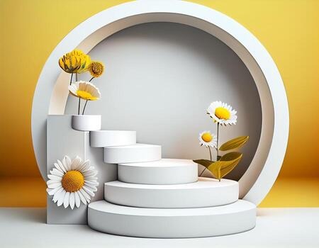 Abstract 3d podium for product presentation with geometric shapes, Empty round podium,Platforms for product presentation with shadows and light background. photo